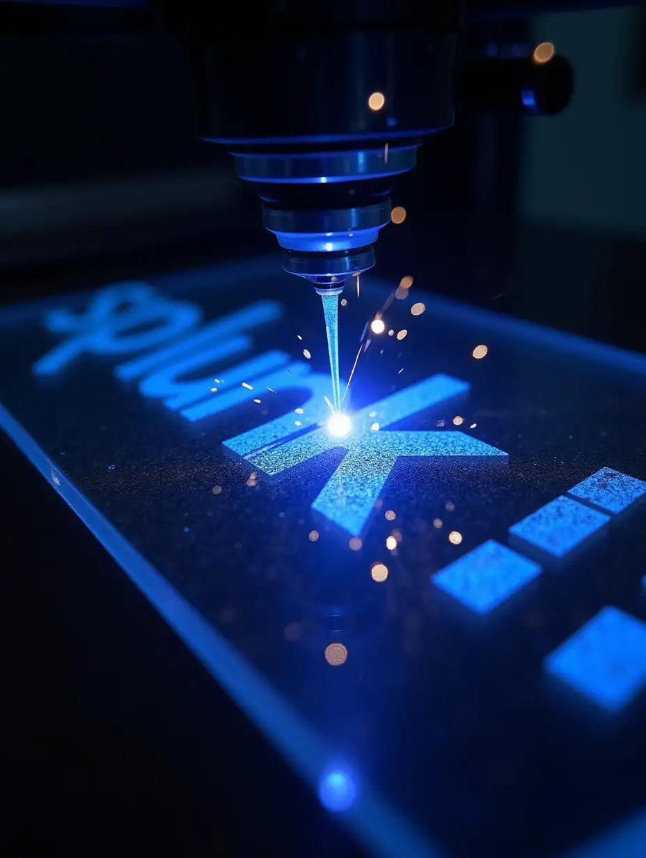 a blue laser engraver is cutting the characters 'splunk>' onto shiny acrylic material, colorful laser, some nice sparks, photorealistic