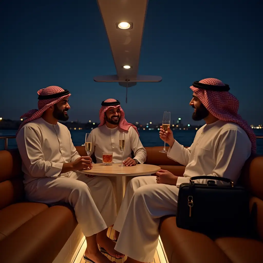 Arab-Men-Enjoying-Champagne-on-a-Luxury-Yacht-in-Dubai-at-Night