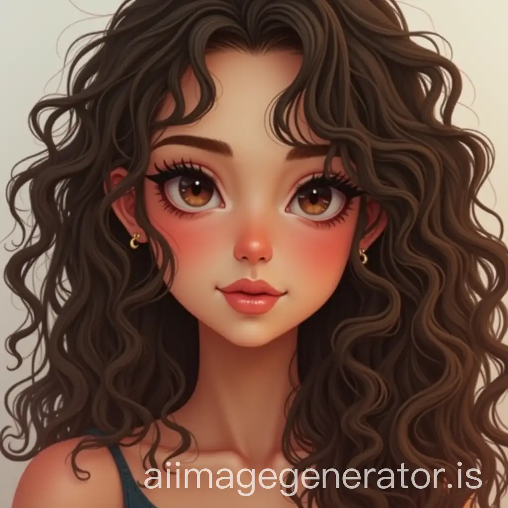 Can you make a portrait of a girl curly brown long hair brown eyes normal mouth normal ears normal nose normal chin normal