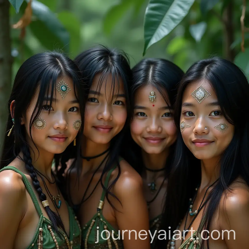 Four-Asian-Tribe-Girls-Smiling-with-Intricate-Face-Paint-and-Traditional-Jungle-Attire