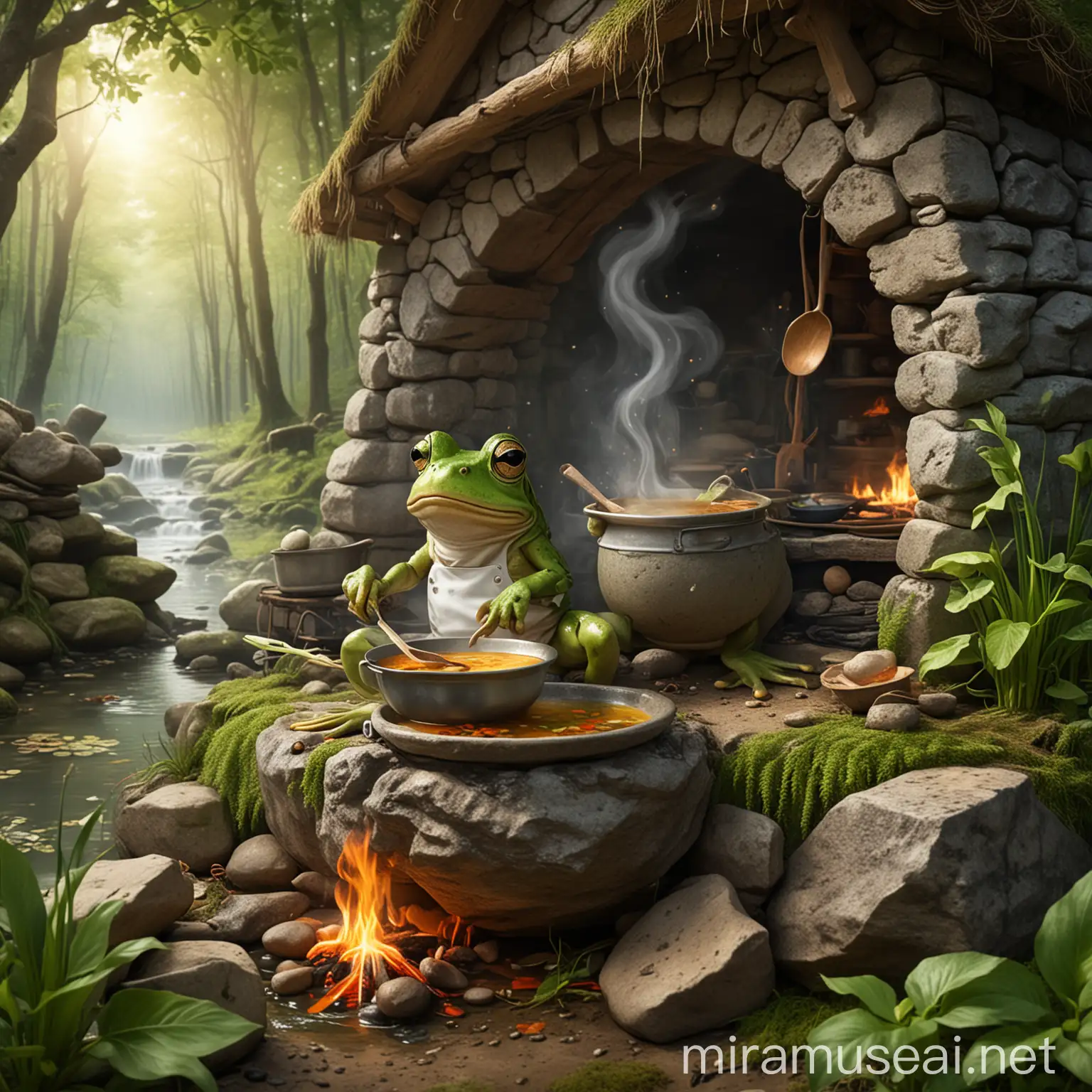 Chef Frog Cooking Soup in Forest Stone Hut Illustration