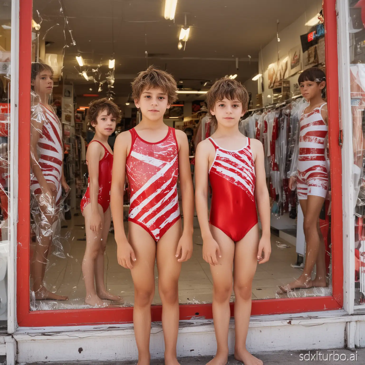 Two Hispanic and Caucasian boys, 12 years old, standing barefoot, with short messy hair, wearing a red and white completely transparent diving leotards , posing in front of the camera and are in a store window,