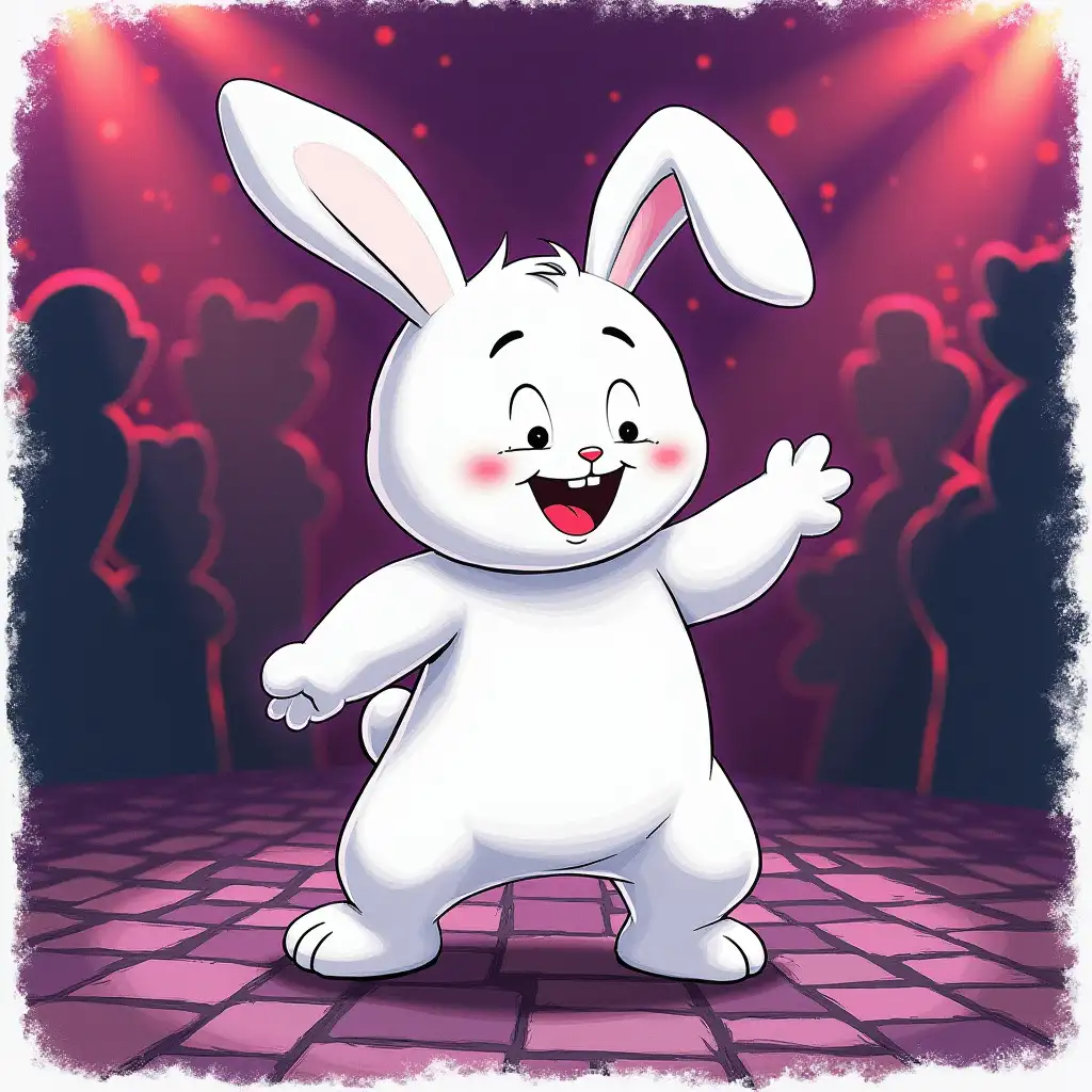 a picture that looks like it was drawn with a colored pencil on a piece of paper. The lines are not too smooth, and the texture of the paper is visible. The picture shows a white humanoid happy rabbit, a large head, a cartoon view in the style of South Park. He's dancing in the night club