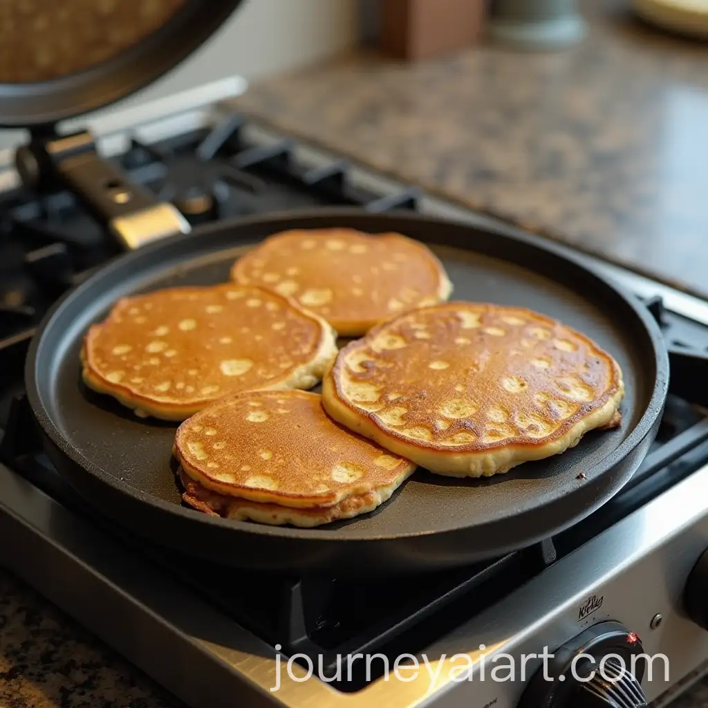 Closeup-of-a-Pancake-Griddle-with-Fluffy-Pancakes-Cooking