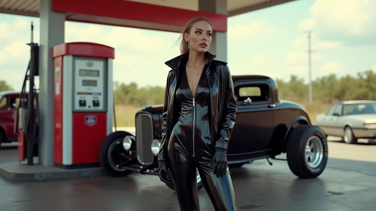 Woman-in-Black-PVC-Jumpsuit-and-ThighHigh-Boots-at-Gas-Station-with-Ford-32-Hot-Rod