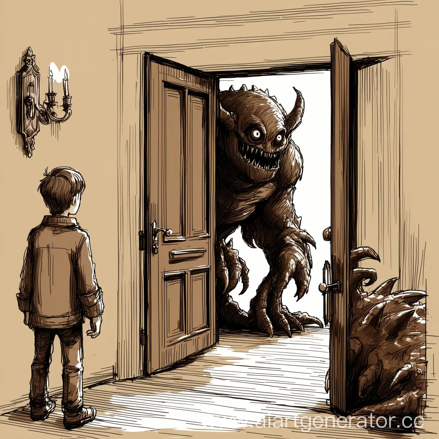 Boy-Looking-at-Open-Door-with-Monster-Sketch-in-Brown-Shades