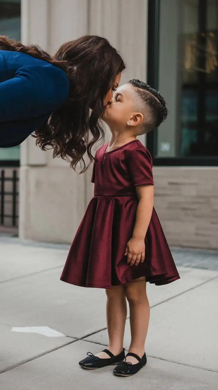 young boys wear wine red skater dress and black ballet flats and mom bends down and kiss on lips