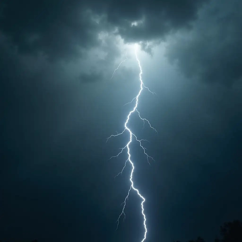 Dark clouds gathered in the sky. A beam of light illuminates the back of a white snake floating in the air. A bolt of lightning suddenly stuck down from the billowing dark clouds, hitting the snake.