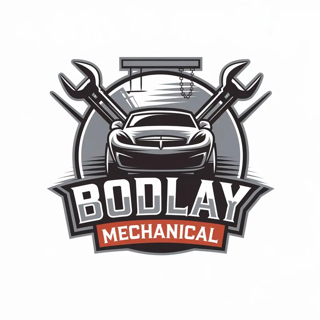 LOGO Design for Bodlay Mechanical Car Repair with Spanners Hoist and Modern Style