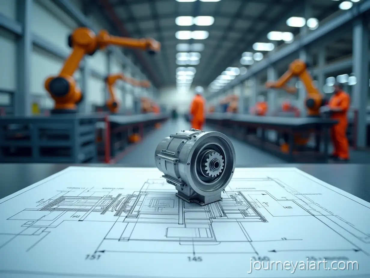 Technical-drawing-workshop-scenePhotorealistic-Technical-Drawing-of-Transmission-Box-in-Modern-Automated-Workshop