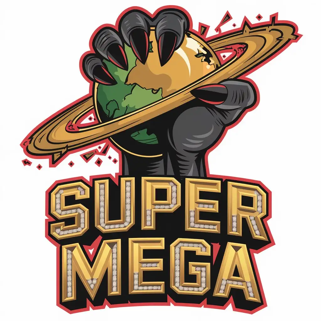 LOGO Design for SUPER MEGA Bold Red Monster Hand Gripping a Crumbling Planet Theme