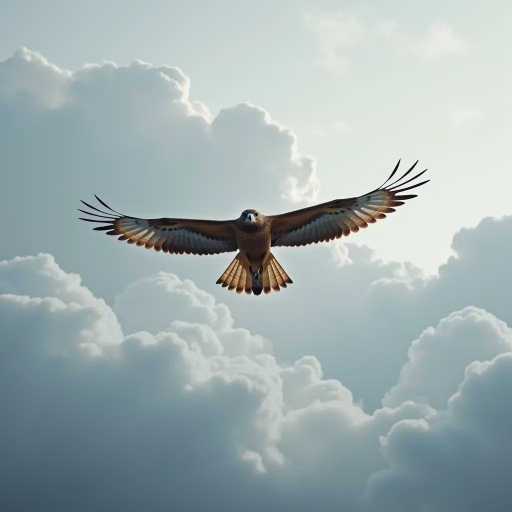 A hawk diving vertically from 1000 meters in the clouds with its nose pointed straight downwards