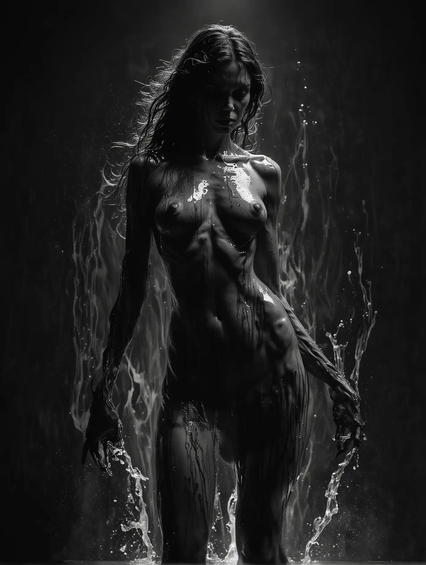 A fluid body in black and gray tones with backlighting, menacing pose