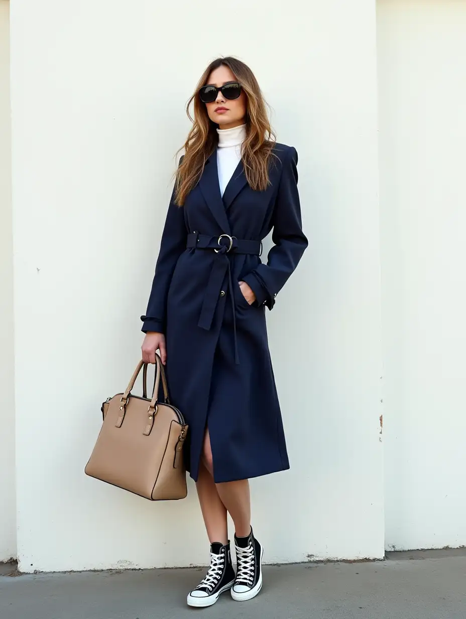 Hyperrealistic, the image shows a woman standing against a white wall outdoors. She is dressed in a stylish, long navy blue trench coat, paired with black high-top Converse sneakers, and holding a structured beige handbag. She wears sunglasses, has long wavy hair, and a white high-neck top under the coat. The overall look blends casual and elegant elements, Shot on a Hasselblad medium format camera with a 100mm lens. Unmistakable to a photograph, Photographed by Annie Leibovitz trending on 500px—ar 3:4