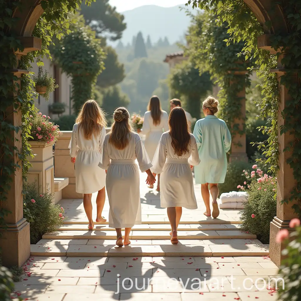 Group-of-Women-in-White-Robes-Rushing-Up-Luxurious-Spa-Stairs-with-Bridal-Bouquet-and-Spa-Accessories