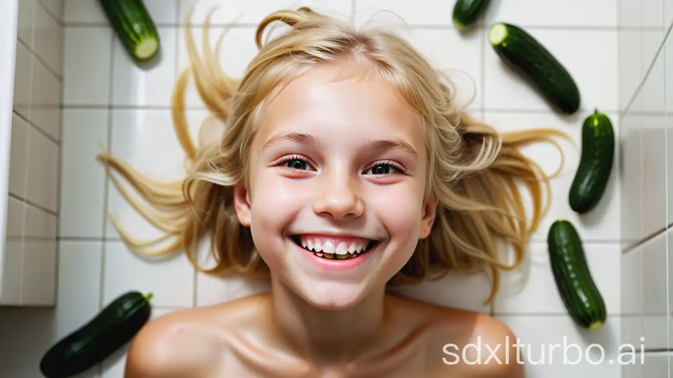 Smiling-Young-Girl-with-Blonde-Hair-Relaxing-on-Bathroom-Floor-from-Above-cucumber-next-to-mouth