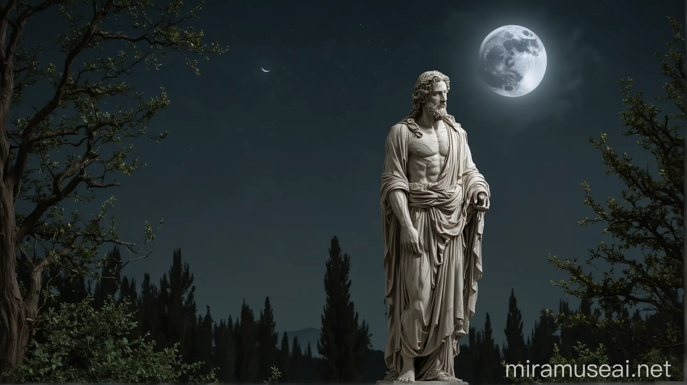 Stoic Statue at Night with Moon and Nature Surroundings