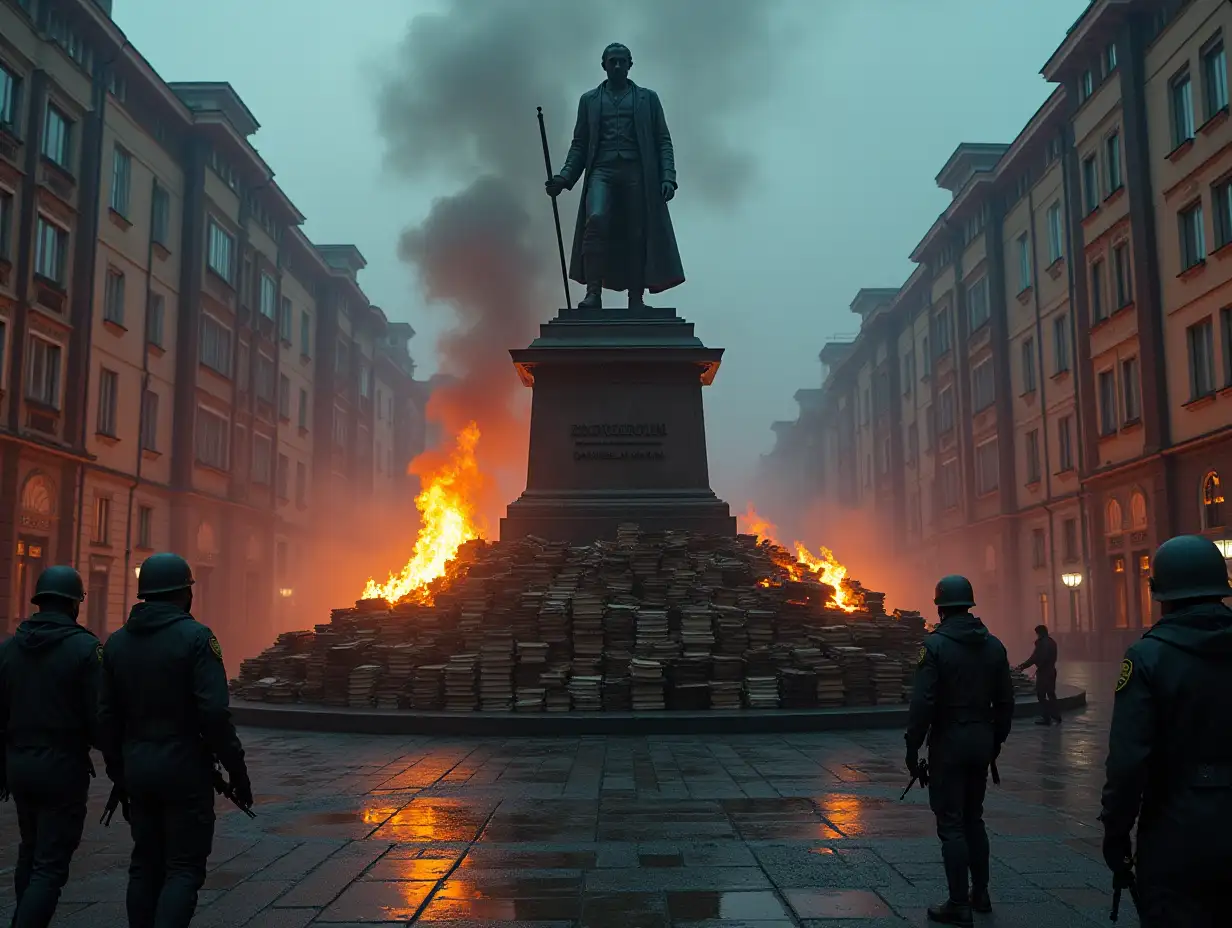 A dystopian city in eastern Europe. Dark buildings. City square, there are no people on it. In the centre stands a monument to Pushkin. In the background burning fires of stacked books. Workers together with soldiers are trying to destroy the monument.