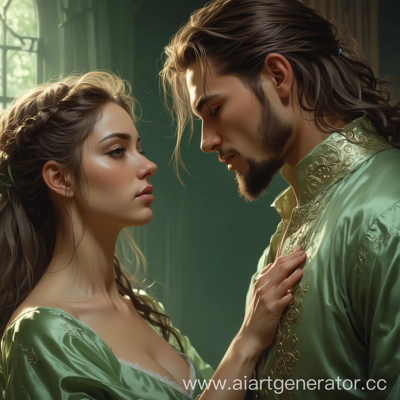 Romantic-Fantasy-Night-Illustration-of-LongHaired-Couple-in-Green-Silk-Dress