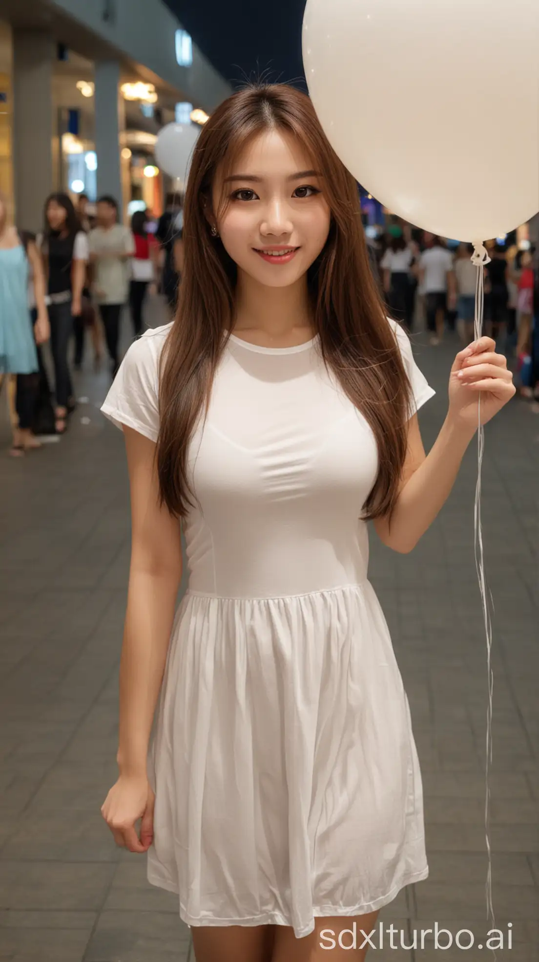 Chinese-Woman-with-Balloon-in-Mall-at-Night-Smiling-and-Wearing-White-Dress