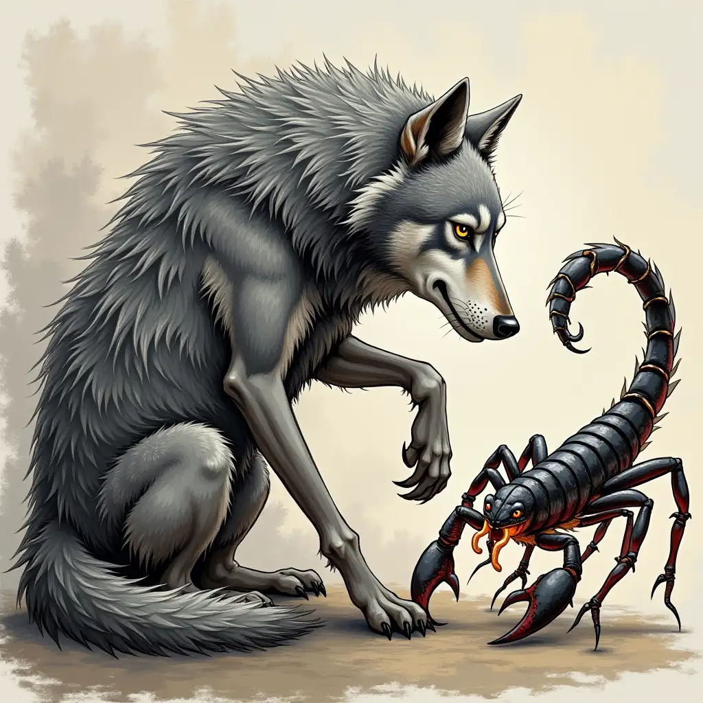 Create a picture of a wolf and a scorpion