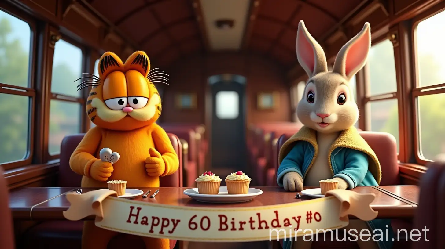 Luxurious Birthday Celebration with Garfield and Peter Rabbit Enjoying English High Tea on a Train Carriage