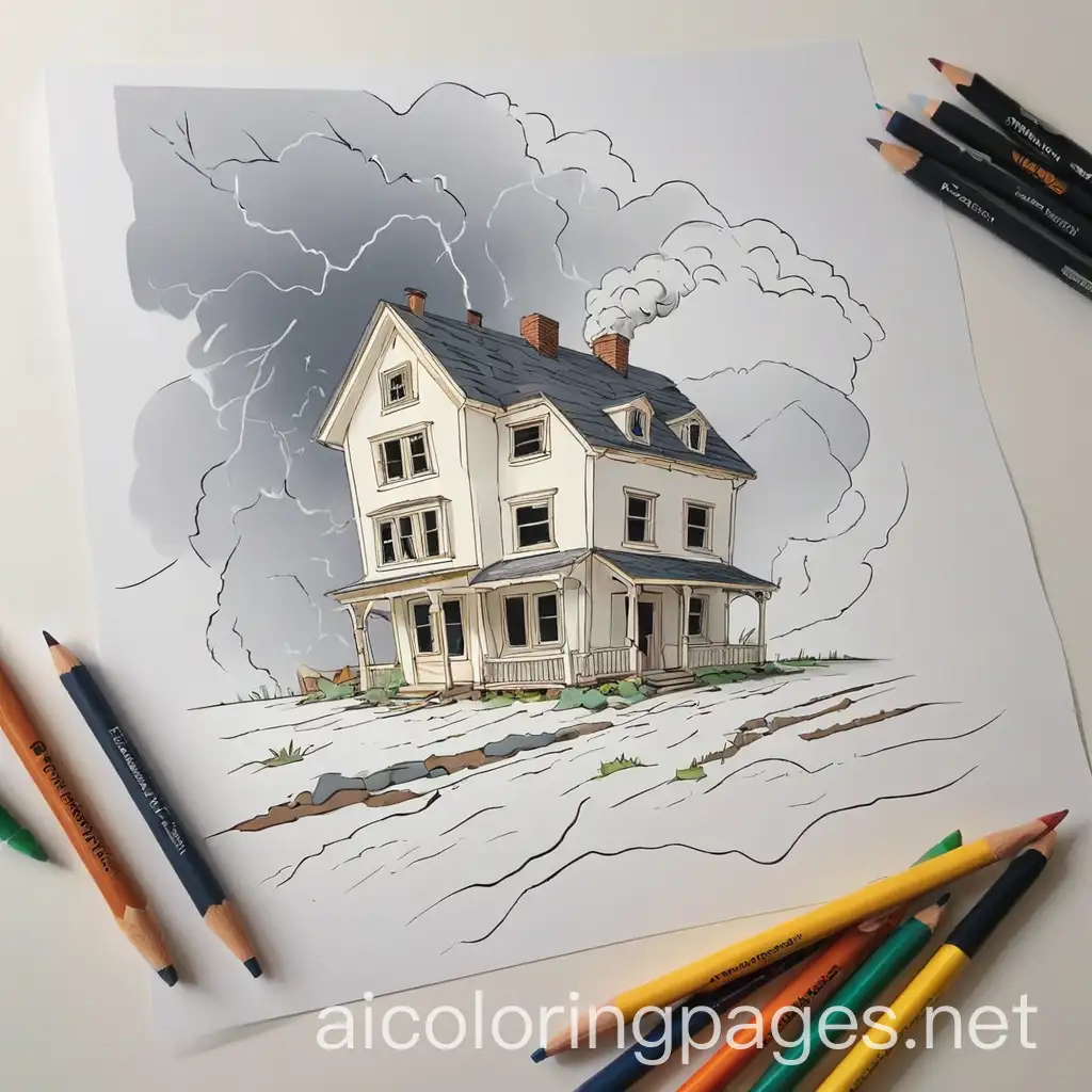 Storm damage with color, Coloring Page, black and white, line art, white background, Simplicity, Ample White Space. The background of the coloring page is plain white to make it easy for young children to color within the lines. The outlines of all the subjects are easy to distinguish, making it simple for kids to color without too much difficulty
