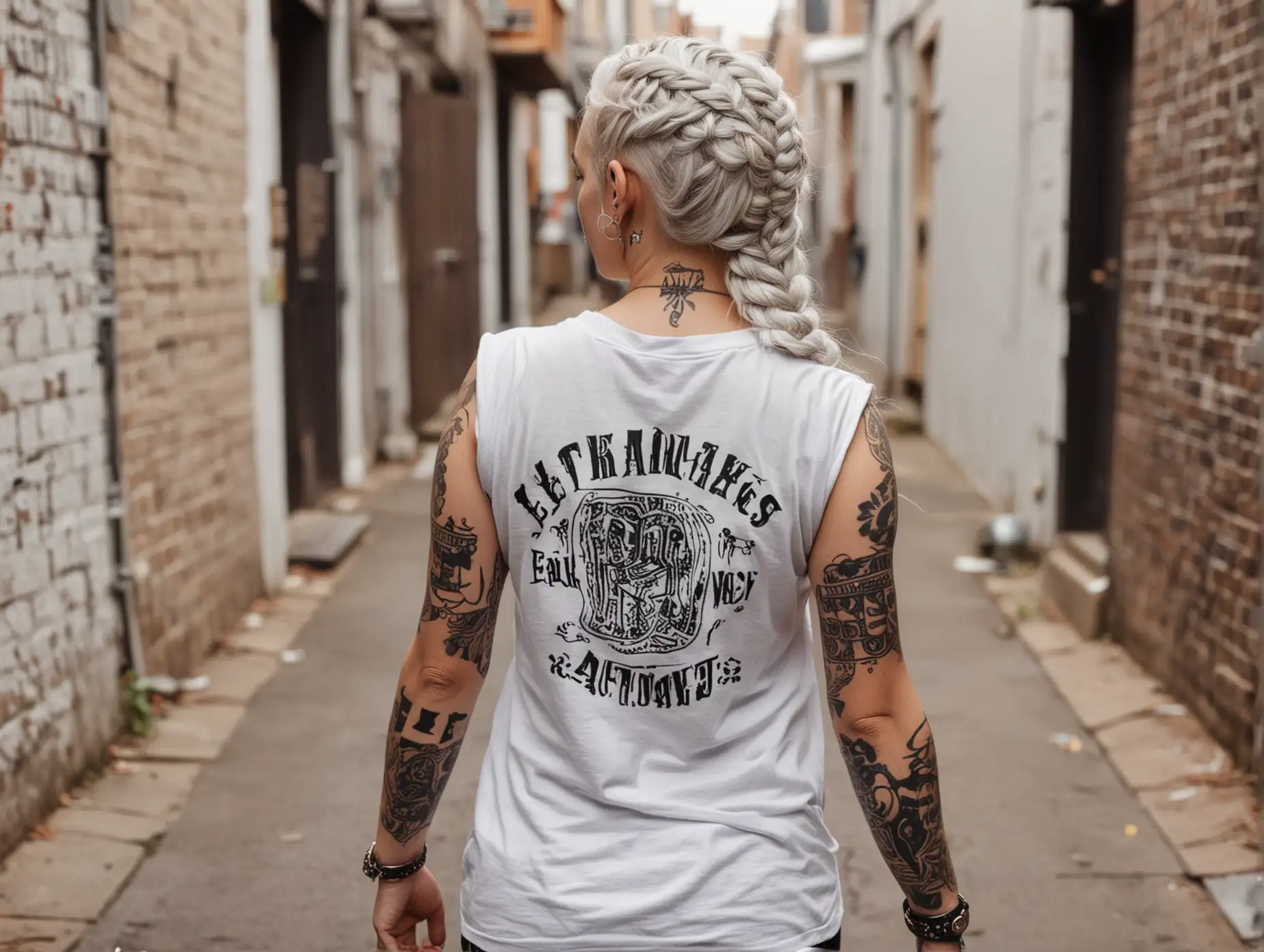 Person Walking Away with White Hair Braids and Arm Tattoos in Alleyway