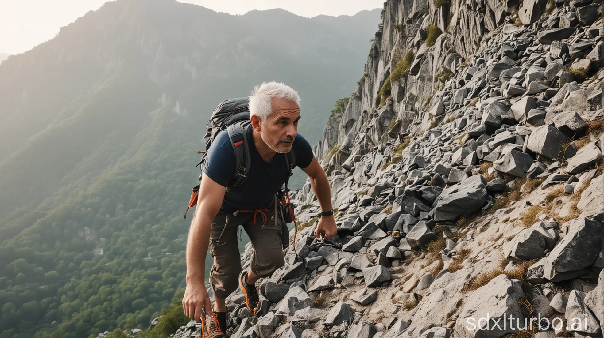 MiddleAged-Person-with-White-Hair-Climbing-a-Mountain-at-Sunrise