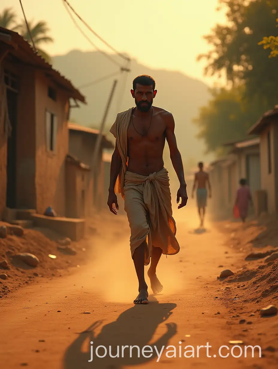 Poor-South-Indian-Man-Walking-on-Dusty-Village-Street-in-Late-Afternoon-Light