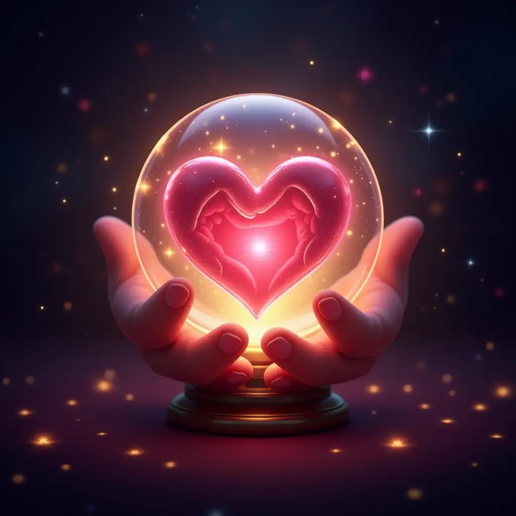 Magic love ball icon, fortune teller design, heart symbol, holding hands in the center, elegant design, youthful glow, dreamy atmosphere, vibrant colors, sparkling effects