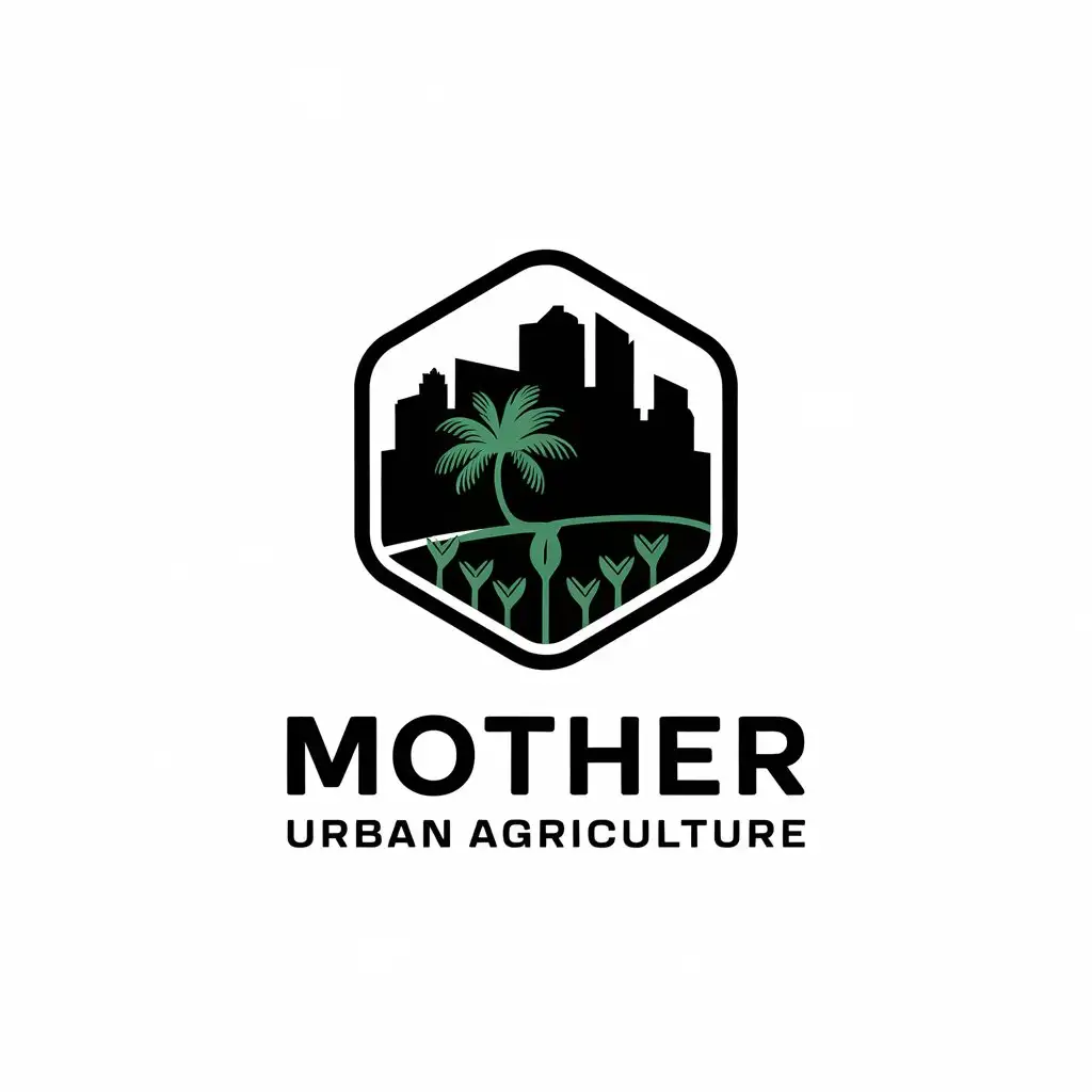 a vector logo design,with the text "Mother. Urban Agriculture", main symbol:A silhouette of a city in the background with an ikines palm tree in front and sprouts on the ground. Inside a hexagon shaped like a beehive,Minimalistic,clear background