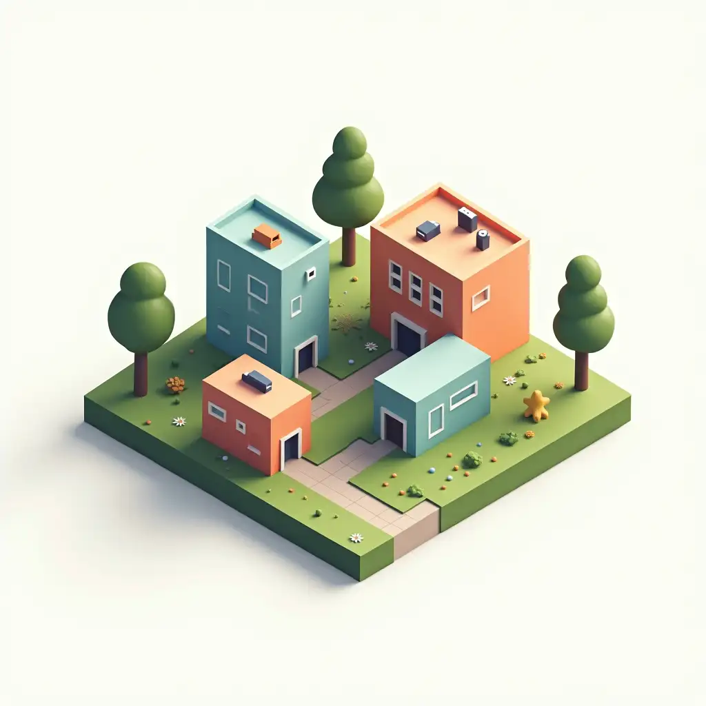 Icon design, a tiny plot of land with various buildings squeezed in