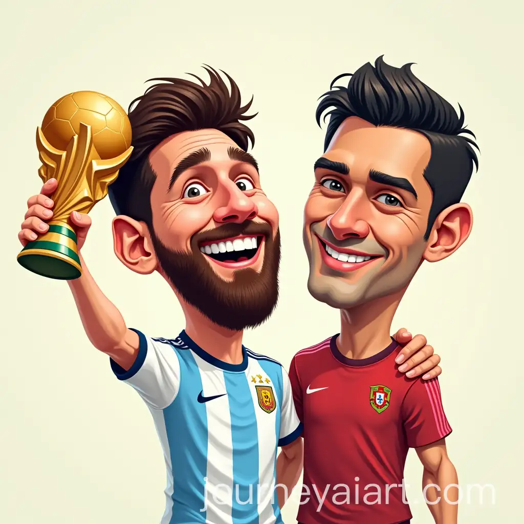 Caricature-of-Messi-Celebrating-World-Cup-Win-with-Ronaldo-in-the-Background