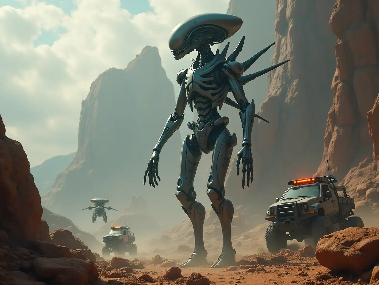 Create AI Fantasy with a high-resolution, realistic image of the 40 meter tall artificial Robert and Alien, with battle robots and cell tanks on the Alien on Pandora 4k resolution