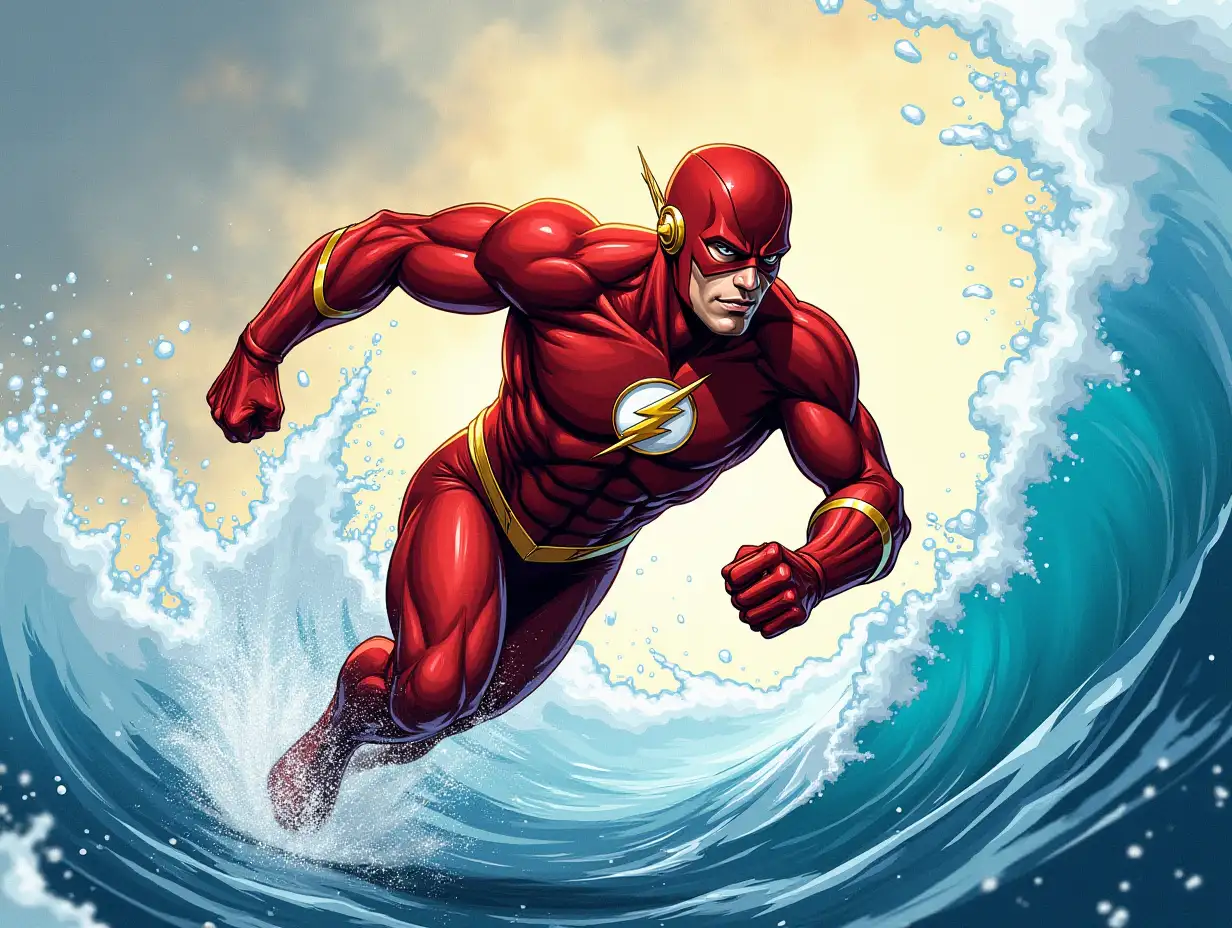 The Flash from dc comics running fast over water creating a tidal wave