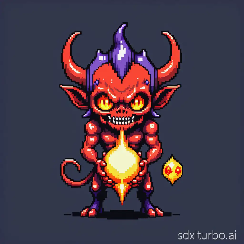 pixel art of a small demon holding a small fireball, 16-bit retro RPG style, facing forward, game sprite, simple colors, clean outlines, 64x64 pixels