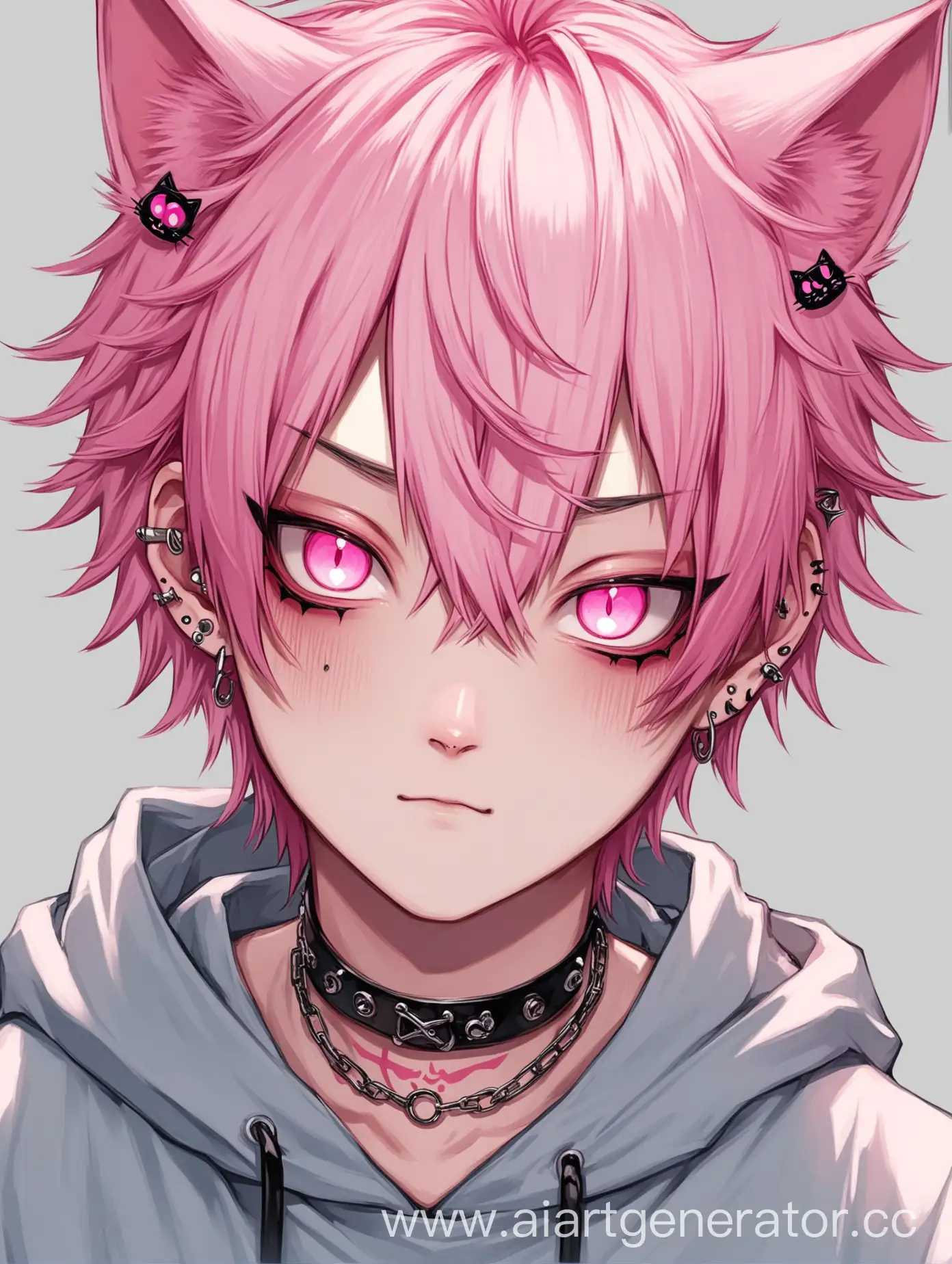 Neko boy with piercing and pink hair