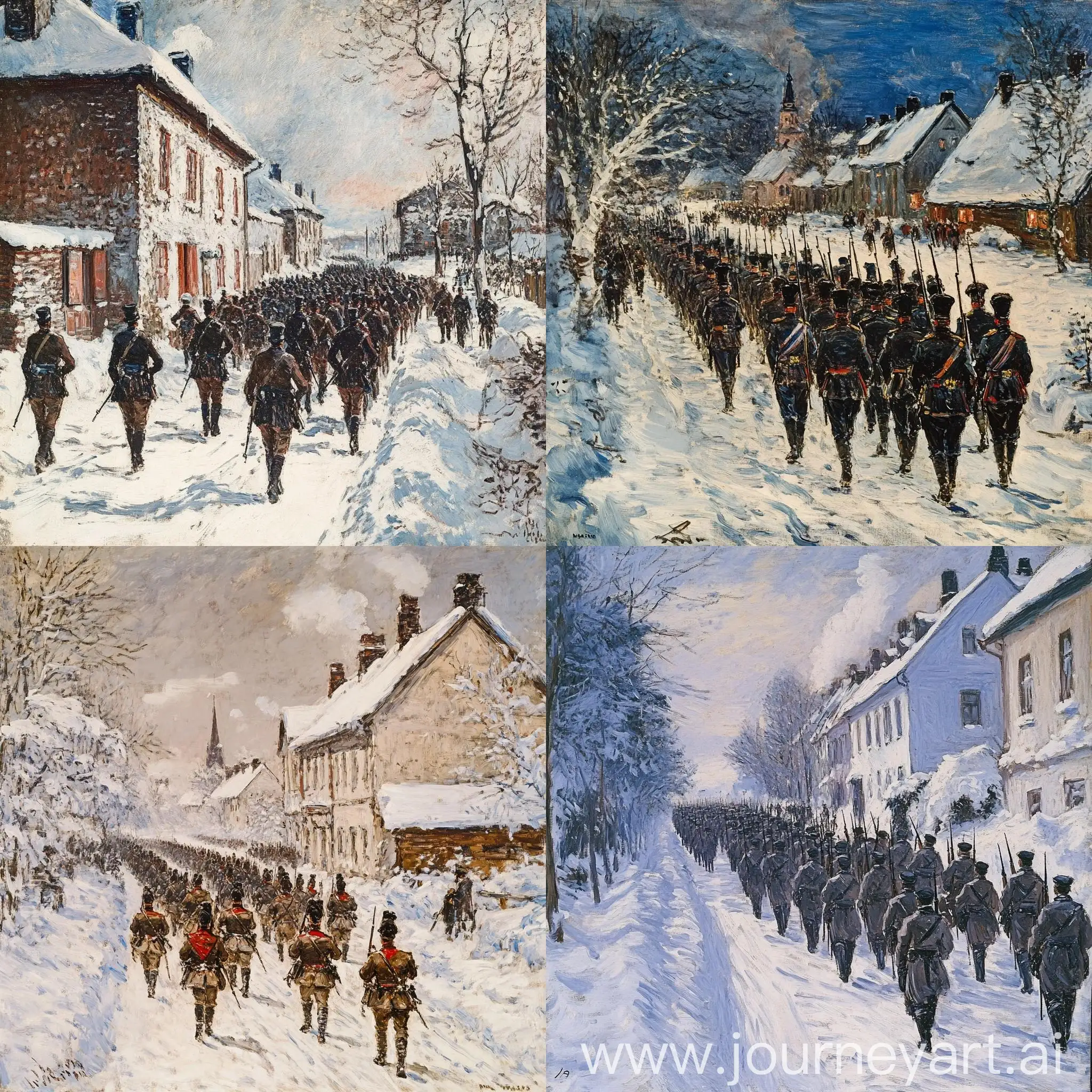 Finnish-Army-Marching-Through-SnowCovered-Town-Claude-Monet-Style