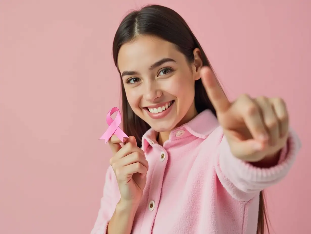 Young-Brunette-Woman-Holding-Pink-Cancer-Ribbon-Smiling