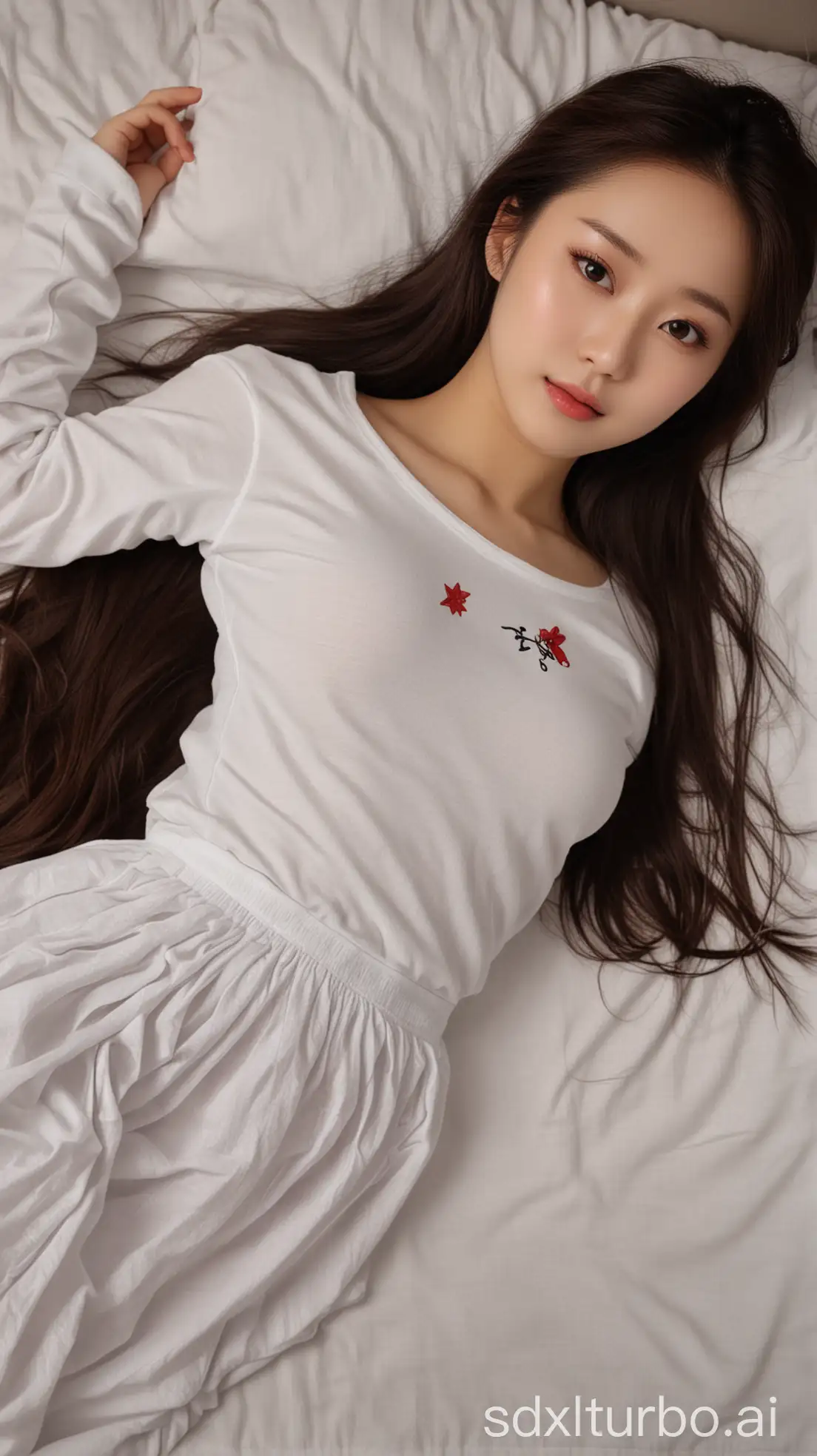 Chinese-Beauty-with-Brown-Long-Hair-Sleeping-on-a-Winter-Night-in-White-TShirt-and-Skirt