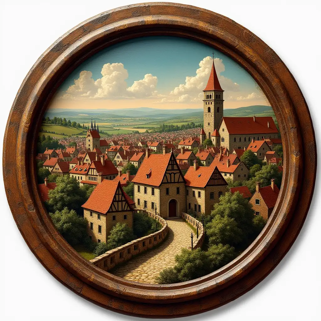 round-icon with frame containing image of medieval town with small houses