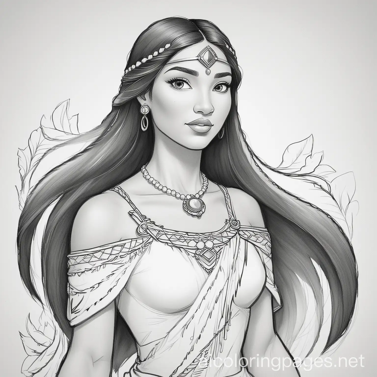 Disney-Princess-Pocahontas-Coloring-Page-Black-and-White-Line-Art