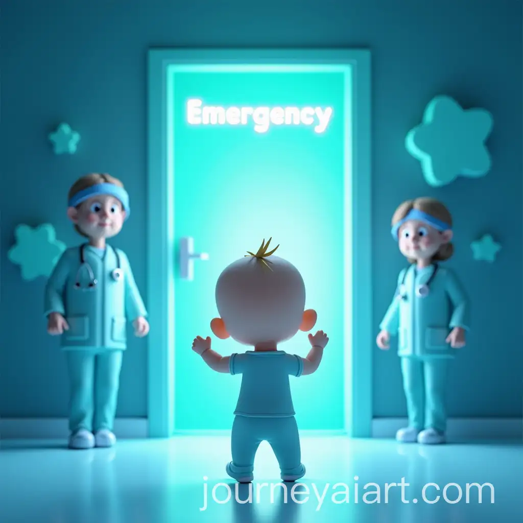 CartoonAI-Art-Prompt-Expansion-Baby-with-Healthcare-Workers-Walking-Towards-24Hour-Emergency-Green-Channel-Door