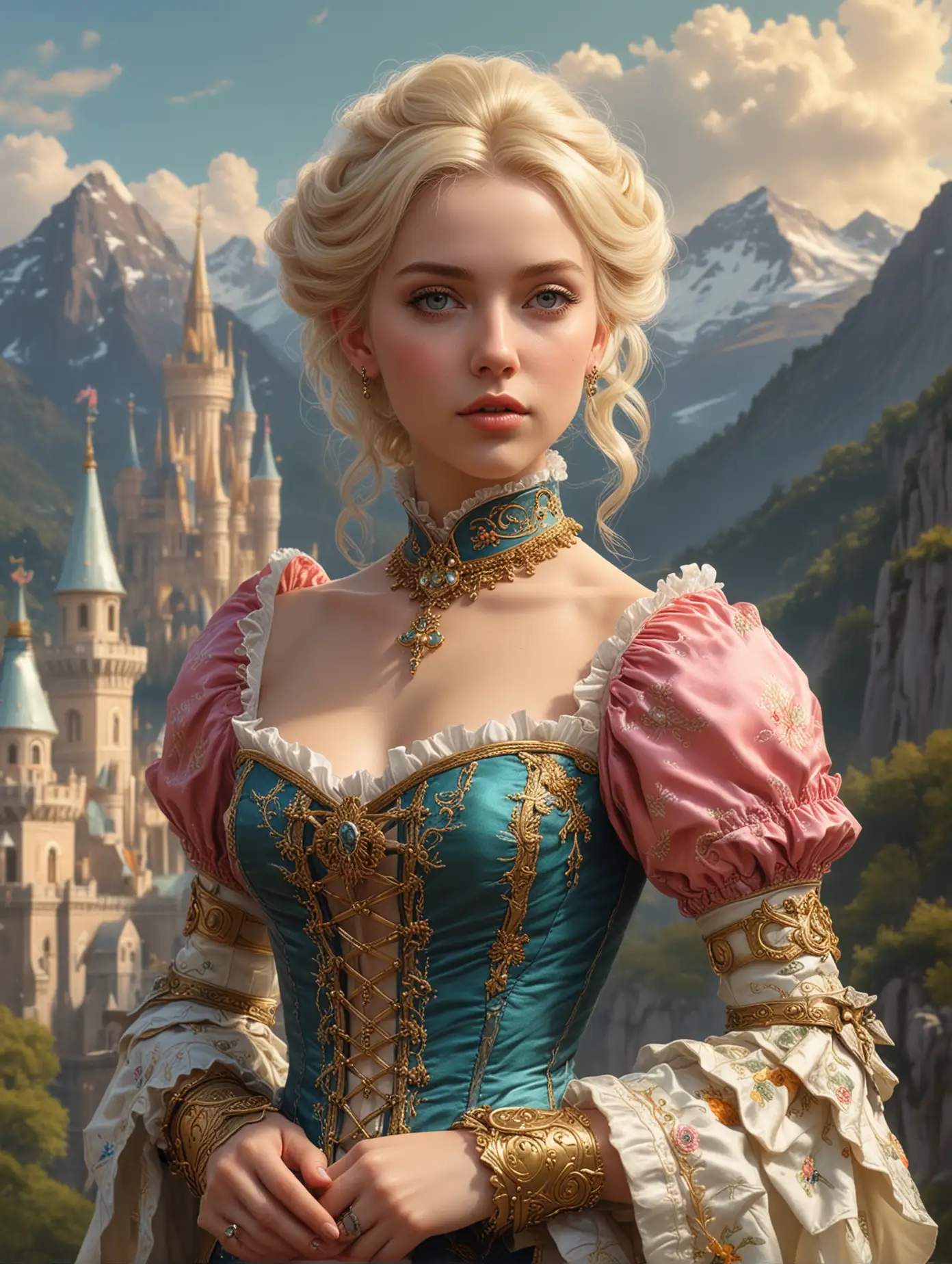 Massive scale, full body, rococo, perfect features, gigantic scale, giantess, hunter elf woman, adorable, gorgeous, sexy aged 23, short blonde hair, as an rococo painting , vibrant colours, intricate detailed , wearing a fur lined armour miniature landscape, miniature scale mountains, miniature scale hills, depth of view, cell shading, Face by Tom Bagshaw and art by Sakimichan, Android Jones" and tom bagshaw, BiggalsOctane render, volumetric lighting