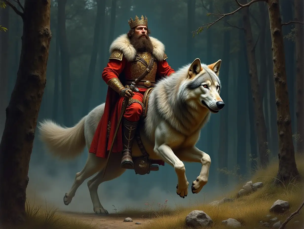 Prince Ivan, dressed in Russian style; riding a big gray wolf, the wolf runs through a dark forest, in the style of artist Vasnetsov