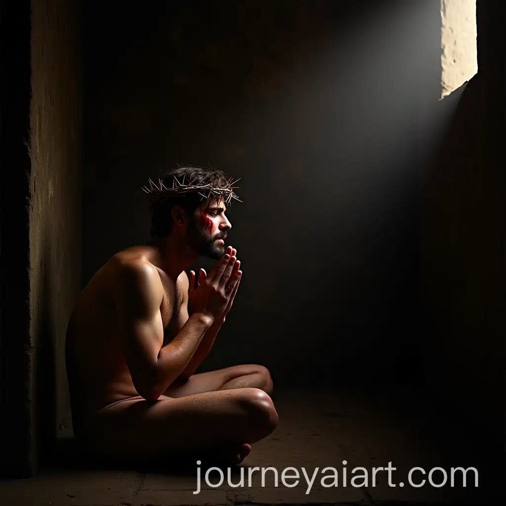 Young-Man-Praying-in-Dark-Room-with-Crown-of-Thorns-and-Blood-Streaks-in-Caravaggio-Style