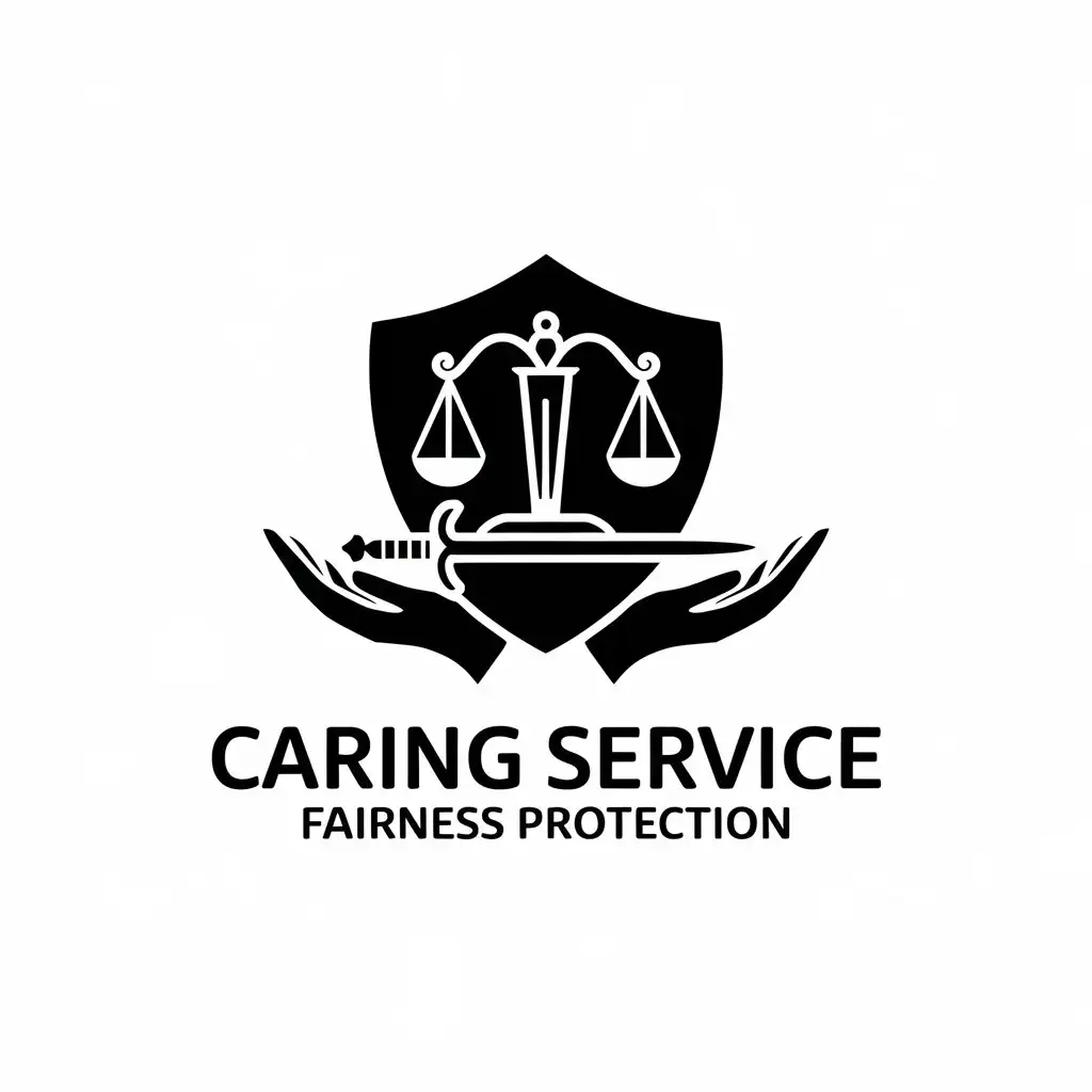 a vector logo design,with the text "caring service fairness protection", main symbol:shield balance two hands sword of justice,Moderate,be used in Legal industry,clear background