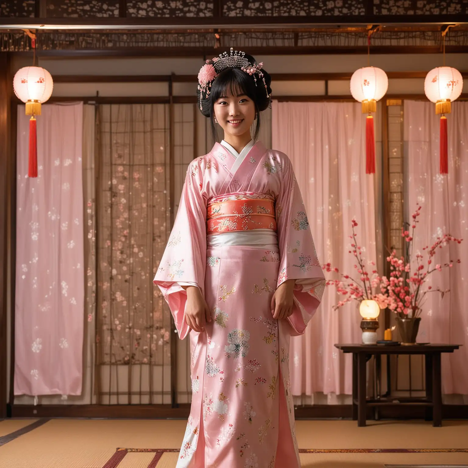 Luxurious-Royal-Hall-Party-with-Smiling-Japanese-Lady-in-Traditional-Kimono