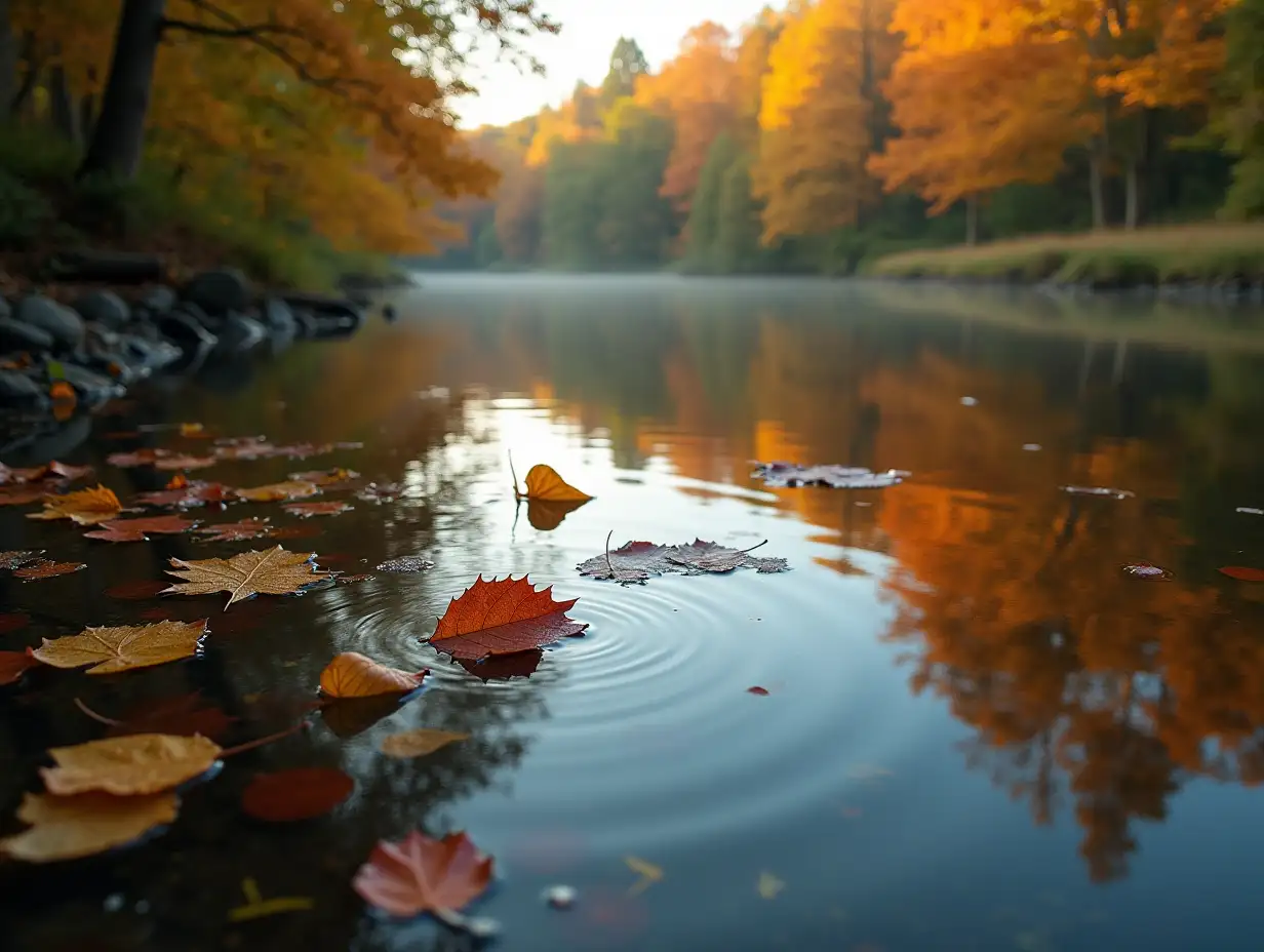 professional wild life photography, shot on water level, mesmerizing image of calm water of a lake with colorful leaves floating, soft early autumn lighting, a lush forest changing its colors from greens to warm autumn hues reflects in the water. Uhd, hdr. high quality enhance. Hasselblad X1D II. premium photograph